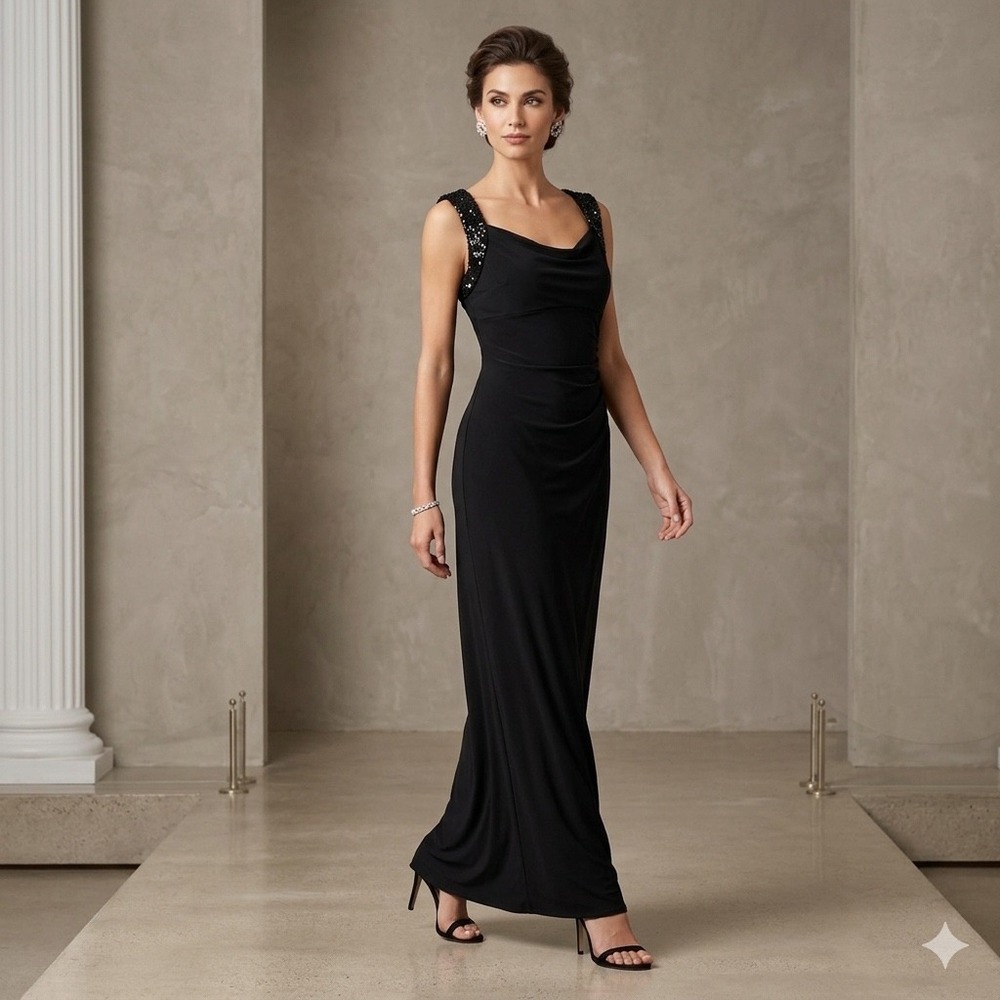 Lauren Ralph Laurenβ Evening Black Sequin Cap Sleeve Cowl Neck Gown Dress Size 6